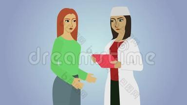 2D动画，年轻的白种人女人与穿着白色工作长袍的女医生交谈。 两个<strong>蓝灰色背景</strong>的女人